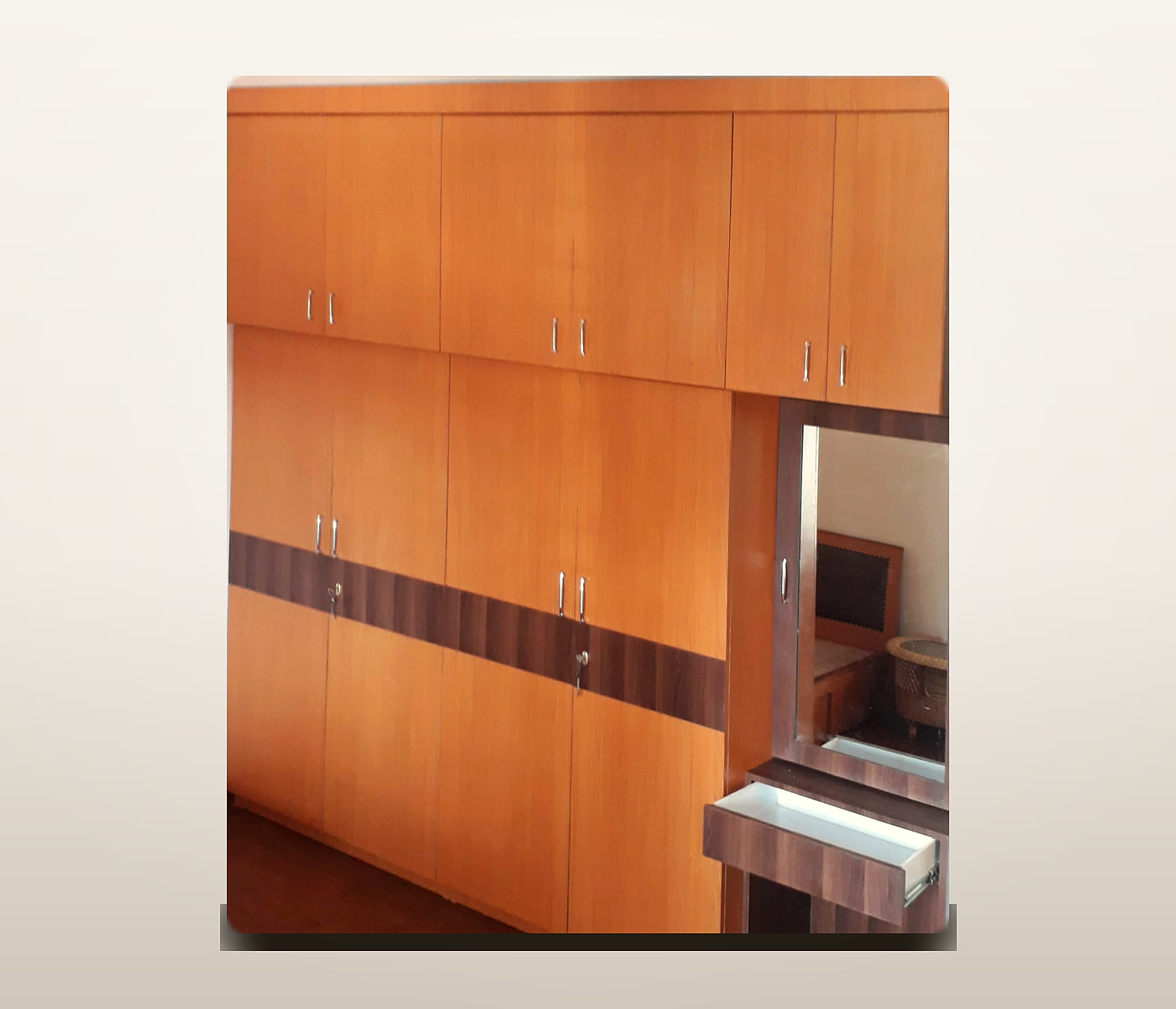 Walnut wall wardrobe with mirror and dresser unit by Jarghaa Furniture